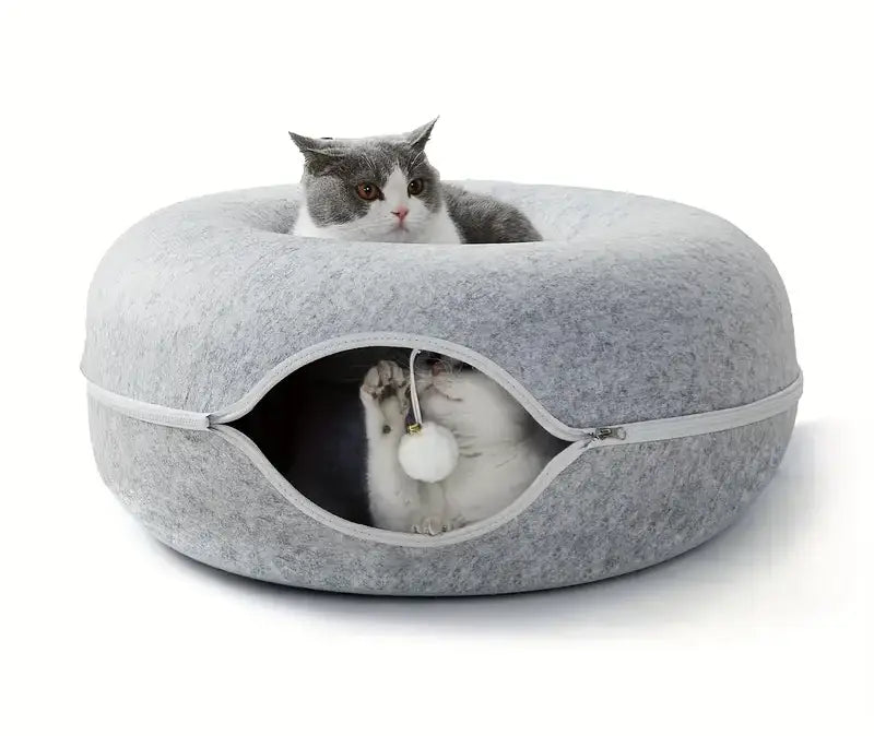 Round grey felt cat tunnel bed with cat inside