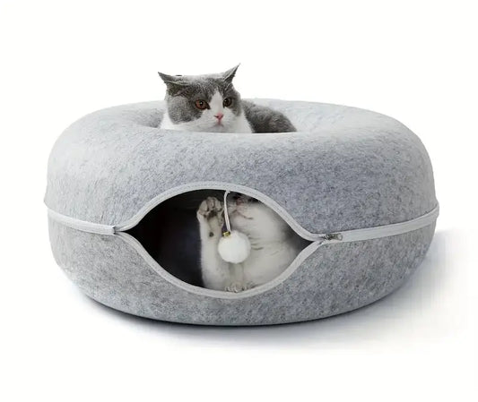 Round grey felt cat tunnel bed with cat inside